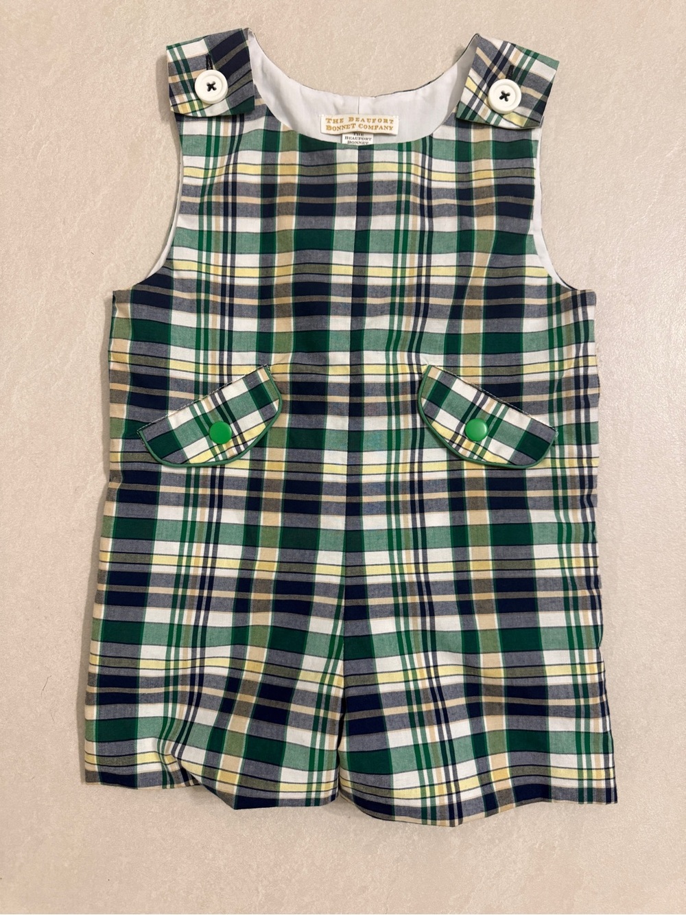 The Beaufort Bonnet Company green plaid Prescott Pocket Jon Jon 12-18M